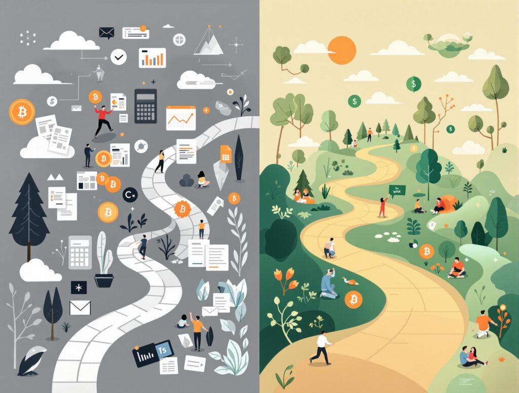 Split-screen visual contrasting traditional wealth symbols like spreadsheets and charts on one side with peaceful, quality life moments like nature and meaningful connections on the other, rendered in Path to Wellth brand colors of forest green, bitcoin orange, and cream