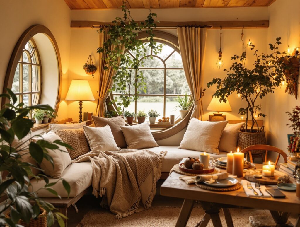 Cozy home interior with soft lighting, comfortable furniture, and personal touches creating a warm, hobbit-like sanctuary