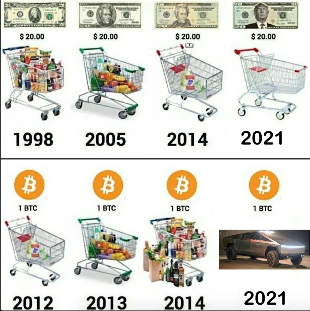 Comparison chart showing grocery carts with declining purchasing power of $20 USD versus increasing purchasing power of 1 Bitcoin over time