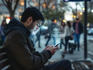 Person absorbed in smartphone with subtle 'do not disturb' visual elements, illustrating how digital preoccupation signals unavailability to others