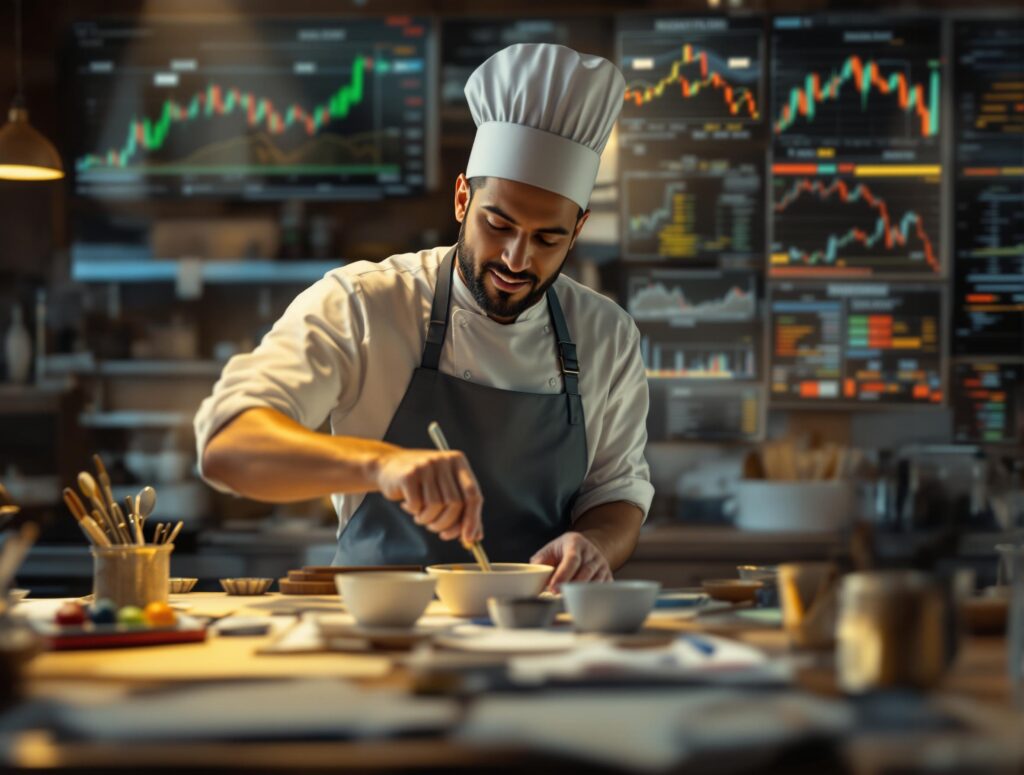 Person confidently working at their craft while financial charts fade into background