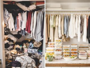 Split-screen transformation showing chaotic closet and disorganized kitchen on left, clean minimalist wardrobe and organized meal prep setup on right