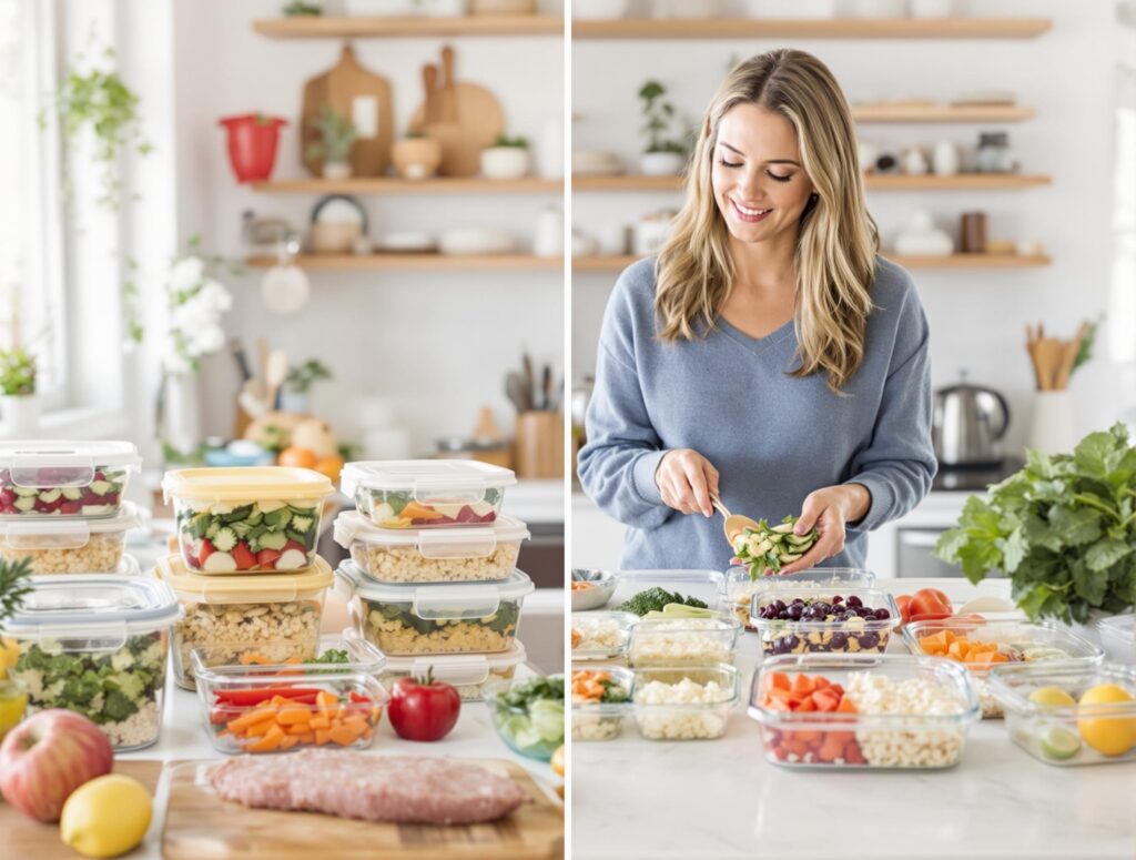 Organized kitchen counter with neatly arranged meal prep containers, fresh ingredients, and a peaceful cooking setup representing simplified meal planning