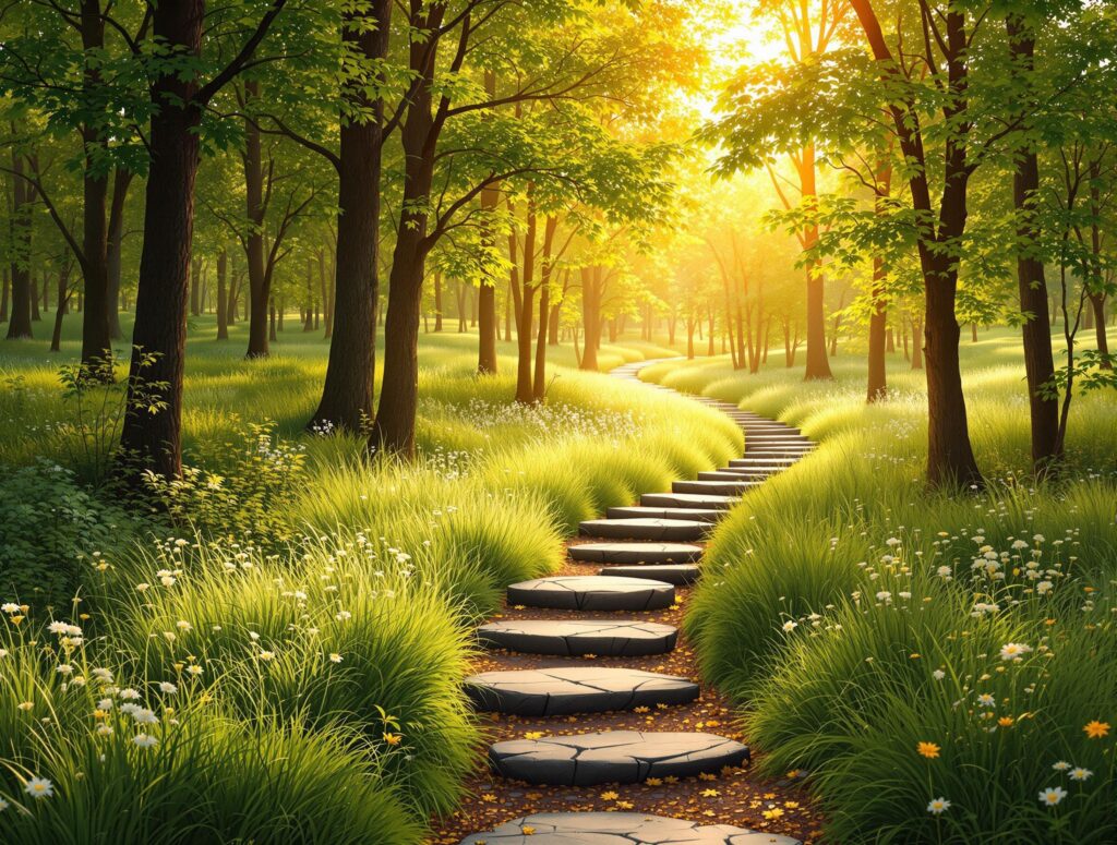 Serene forest path with golden sunlight, representing the journey to true wealth through mindful living and quality experiences.