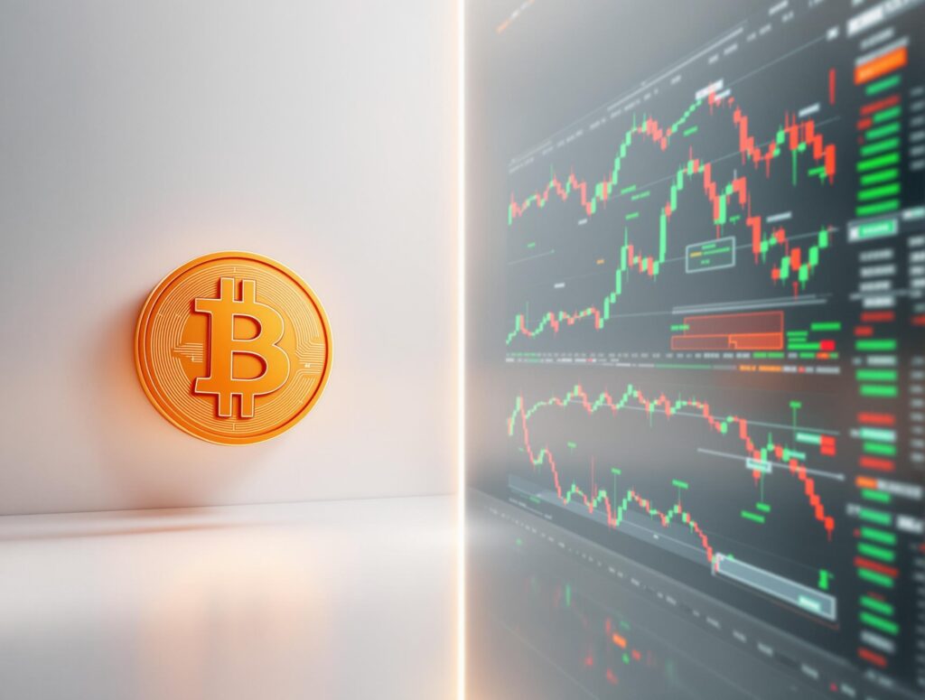 Split image with Bitcoin logo on clean background versus multiple stock price charts