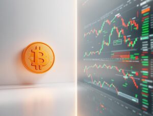 Split image with Bitcoin logo on clean background versus multiple stock price charts