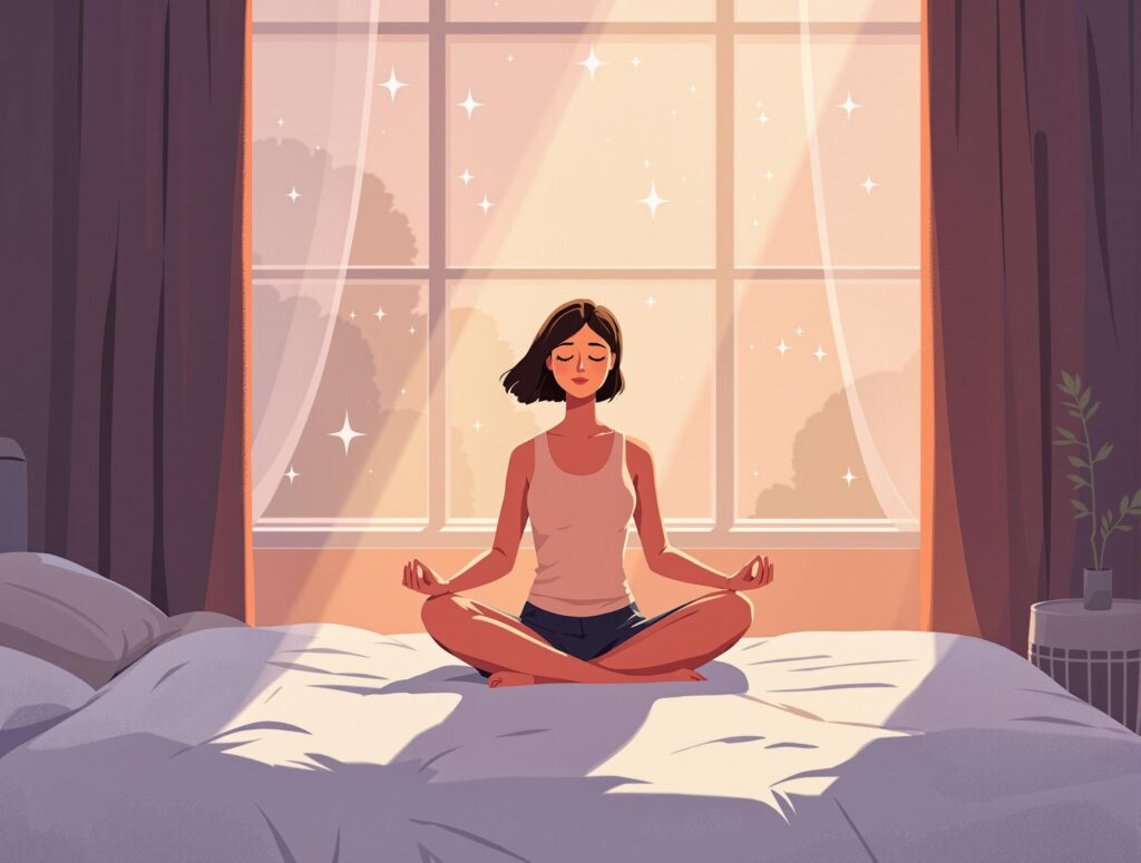 Person peacefully meditating in morning light with subtle wealth symbols like growing plants and coins floating around them
