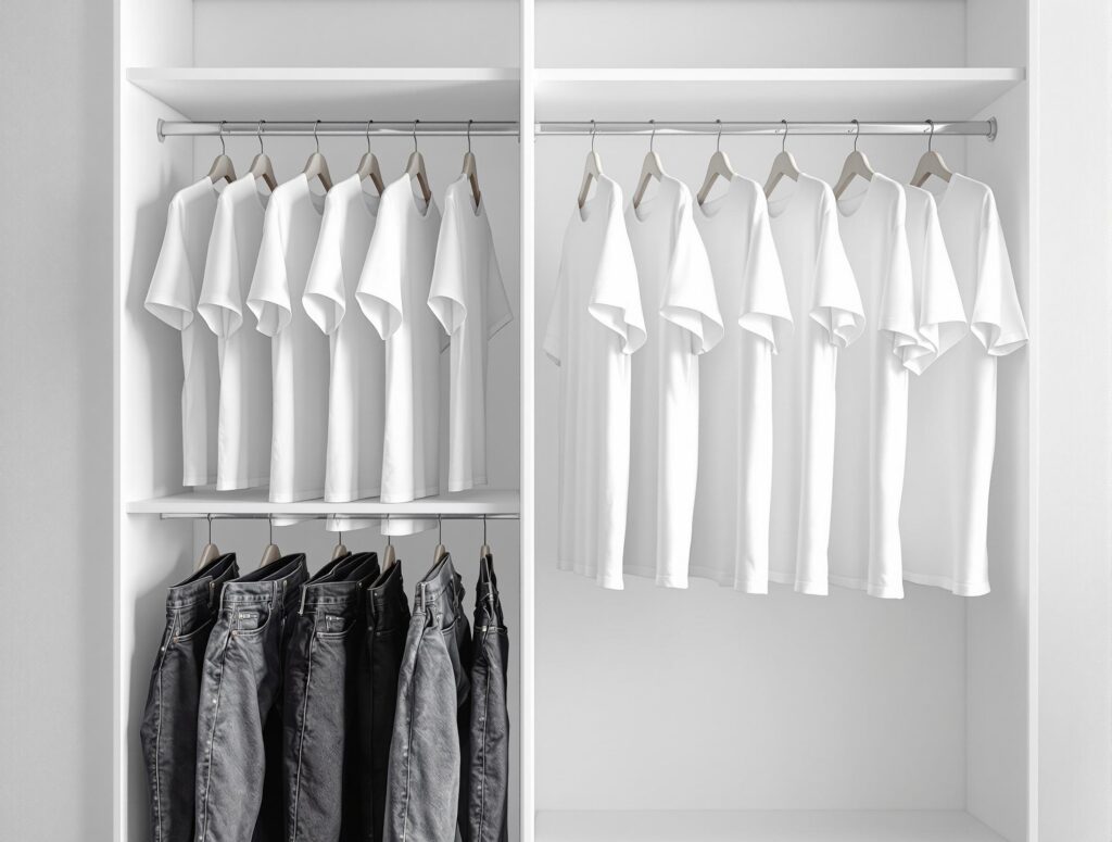 Ultra-minimal wardrobe showing identical pairs of jeans and identical white t-shirts neatly organized, representing the ultimate decision-free clothing approach