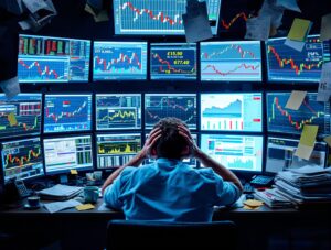 Stressed person surrounded by multiple computer screens showing stock charts and financial reports