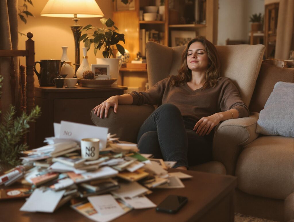 Person sitting peacefully in comfortable chair, declining phone calls and invitations, choosing solitude and contentment