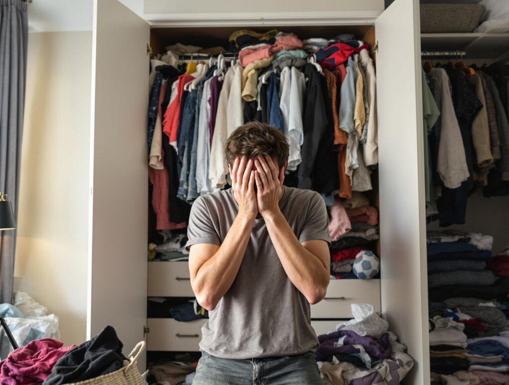 Overwhelmed person standing in front of an overflowing closet with clothes scattered everywhere, representing decision fatigue and choice overload
