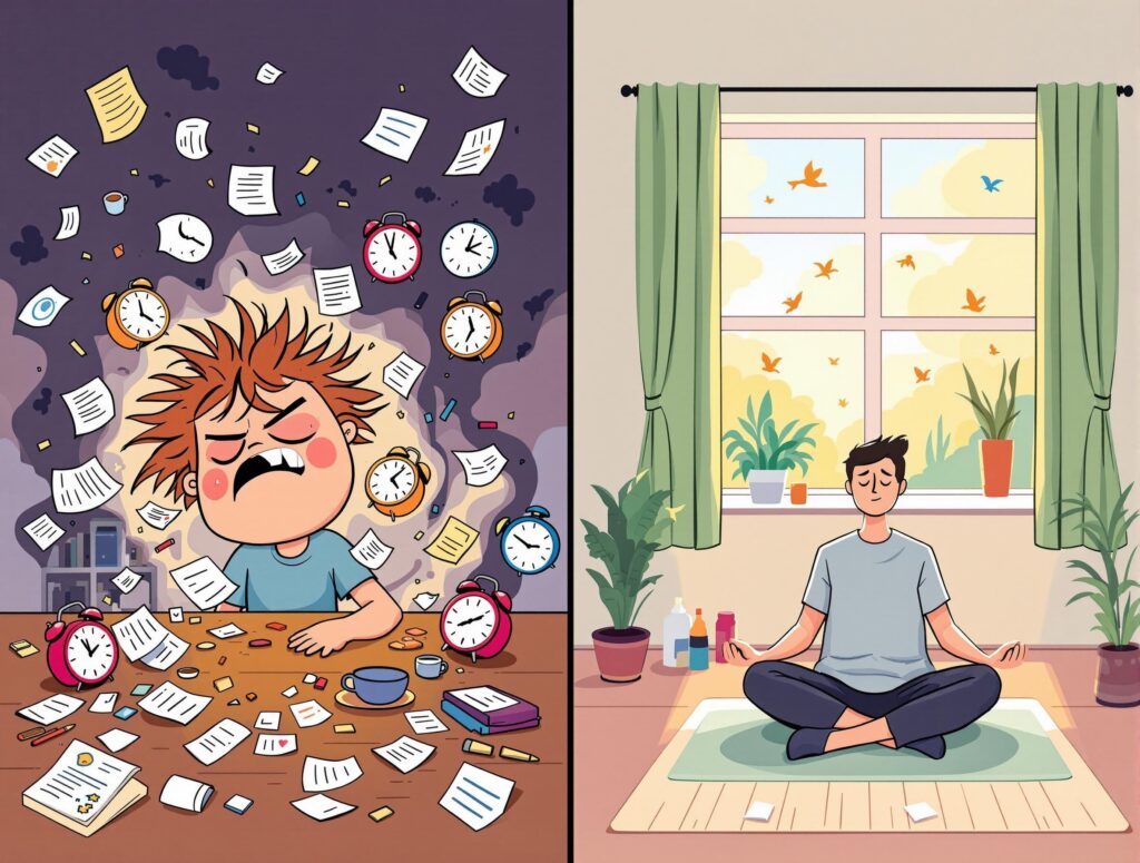 Split screen showing chaotic rushed morning versus calm organized morning routine.