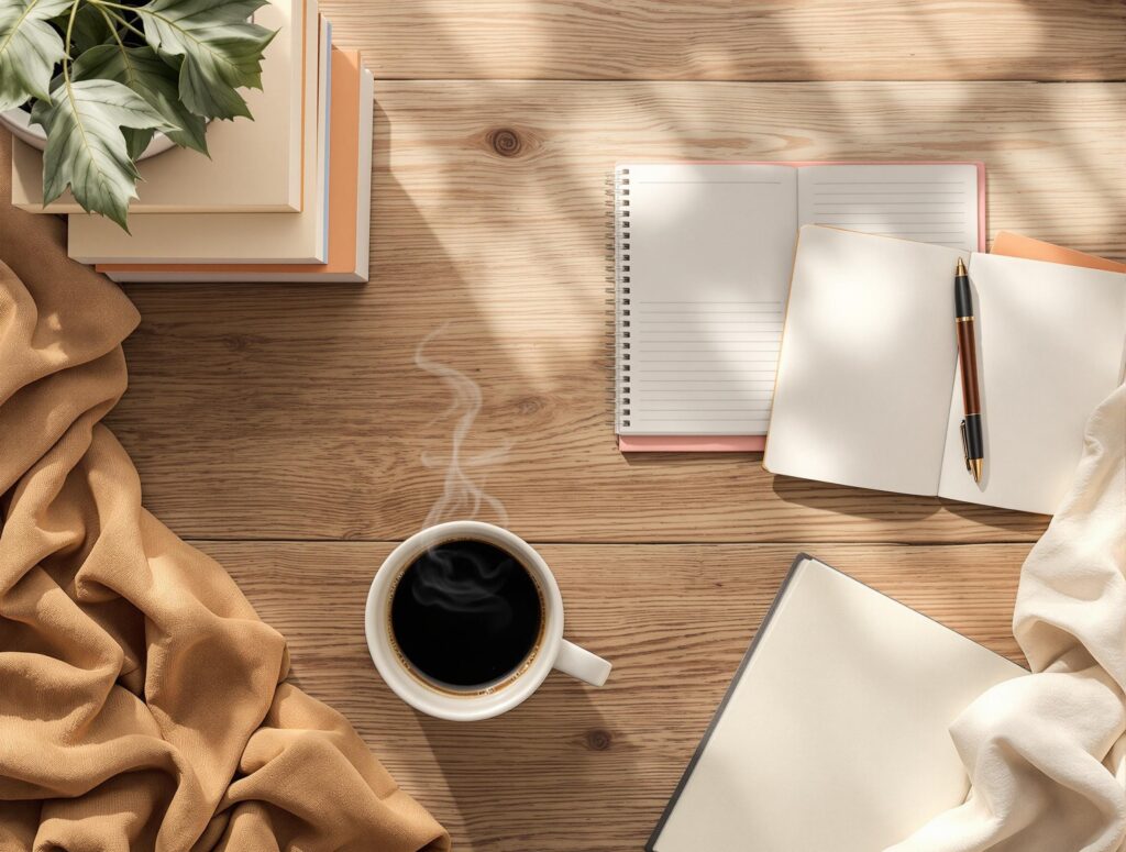 Cozy workspace with open books, coffee cup, and warm lighting in forest green and cream tones, representing the research journey that led to Path to Wellth philosophy