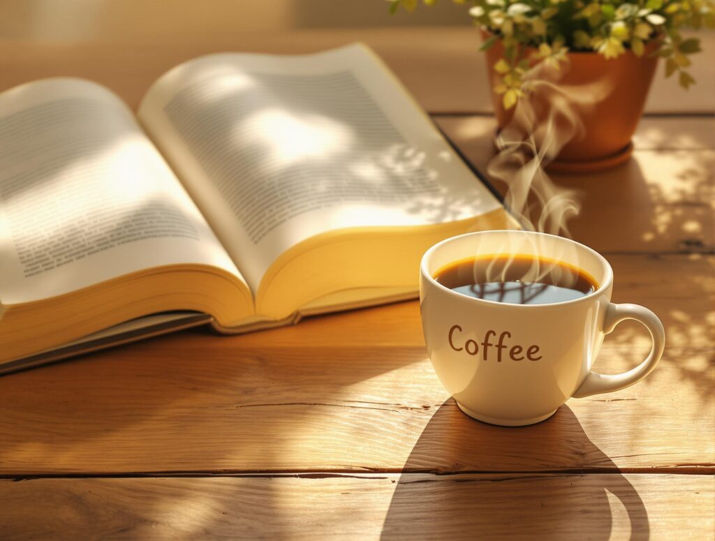 Cozy reading nook with steaming coffee cup and open book in warm, soft lighting