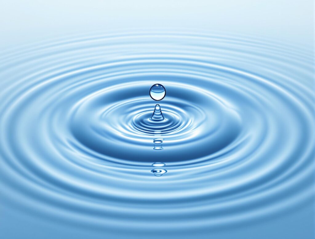 Visual representation of ripples spreading outward from a central meditation figure, with each ripple containing symbols of positive life changes and wealth building