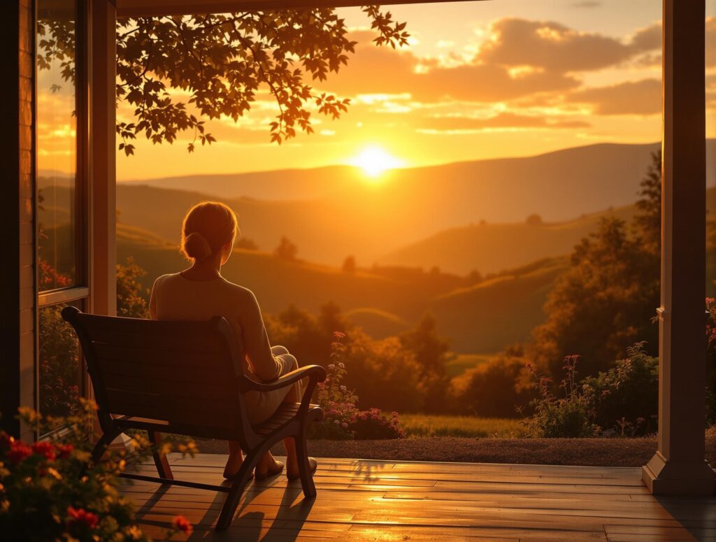 Person sitting peacefully in garden at sunset, surrounded by growing plants, embodying contentment and mindful living