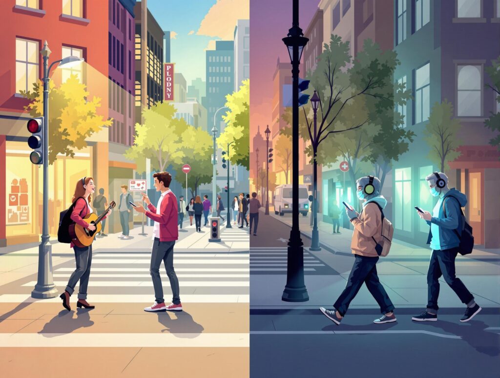Split scene contrasting two experiences - left side shows people engaged in warm conversation, right side shows people isolated and absorbed in smartphones