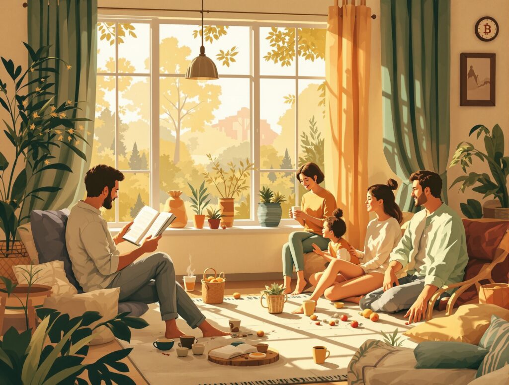 Warm, authentic lifestyle scene showing people enjoying simple pleasures like sharing coffee with friends, reading peacefully, walking in nature, and being present in meaningful moments.