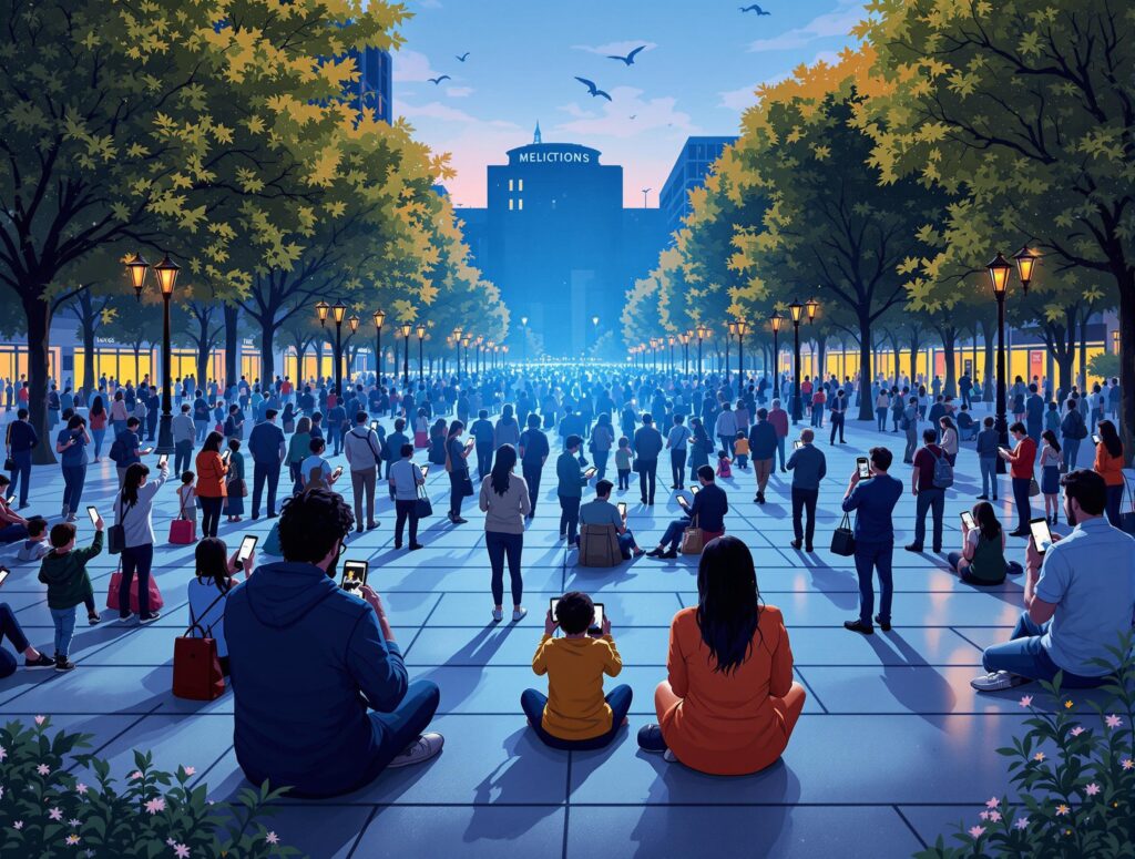 Multiple people absorbed in smartphones, missing real-world connections and interactions around them