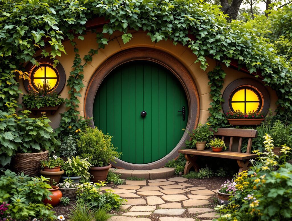Cozy hobbit-hole entrance with round wooden door, surrounded by lush gardens and peaceful countryside