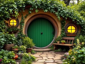 Cozy hobbit-hole entrance with round wooden door, surrounded by lush gardens and peaceful countryside