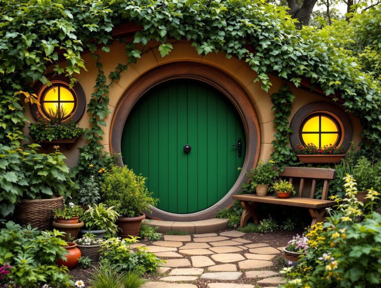 Cozy hobbit-hole entrance with round wooden door, surrounded by lush gardens and peaceful countryside