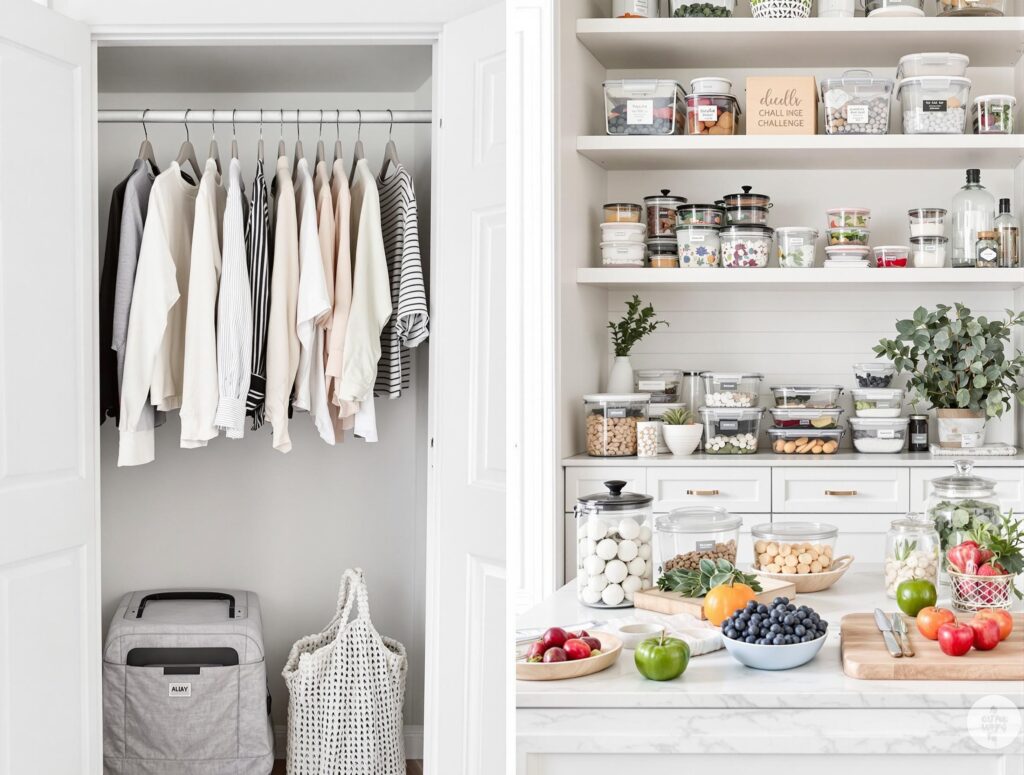 Clean minimalist flat lay showing organized closet items and meal prep containers representing the 30-day simplification challenge