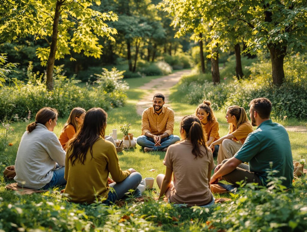 Welcoming community scene with diverse people walking together on a peaceful forest path, surrounded by warm sunlight and lush greenery, symbolizing the invitation to join a mindful wealth-building journey.