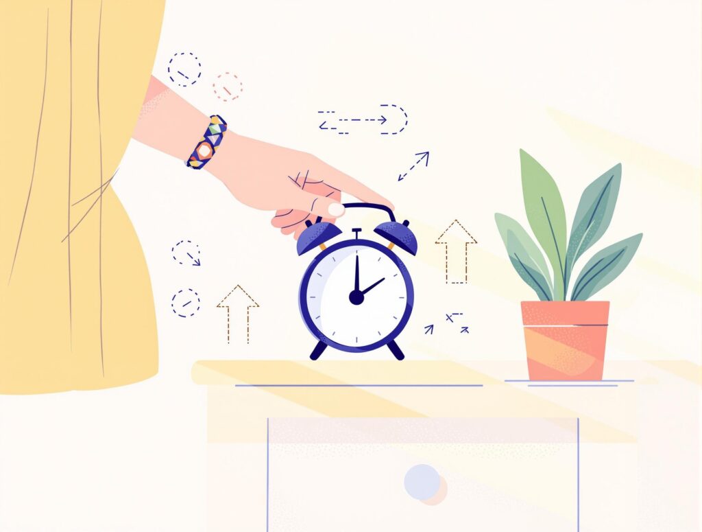 Motivational scene showing someone setting their alarm clock with determination, surrounded by symbols of commitment and positive change
