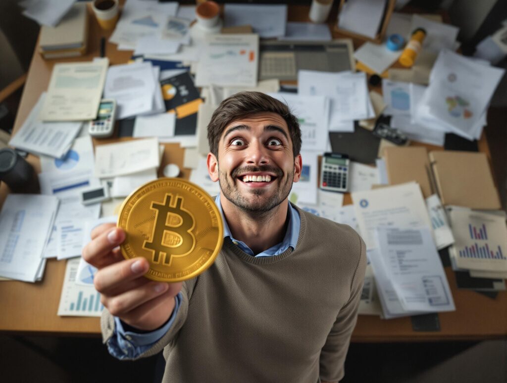 Regular person looking relieved walking away from desk covered in financial documents with Bitcoin symbol in hand