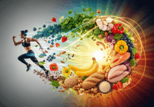A vibrant composition showing an energetic person surrounded by colorful whole foods including fruits, vegetables, grains, and proteins, representing the connection between nutrition and vitality
