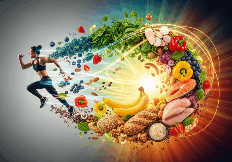 A vibrant composition showing an energetic person surrounded by colorful whole foods including fruits, vegetables, grains, and proteins, representing the connection between nutrition and vitality