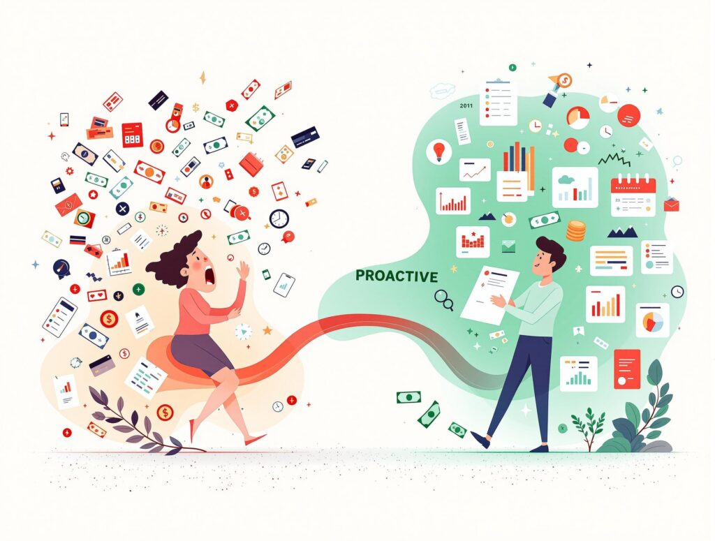 Person transforming from chaotic reactive financial behavior to calm proactive financial planning with organized systems and clear direction