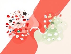 Split-screen illustration showing stressed person surrounded by shopping bags transforming into calm person with growing savings, representing the journey from emotional spending to mindful saving