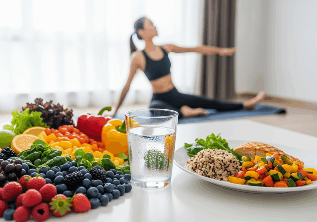 A collection of healthy lifestyle elements including colorful fresh foods, a water bottle, and wellness symbols arranged to represent daily habits for optimal vitality and energy