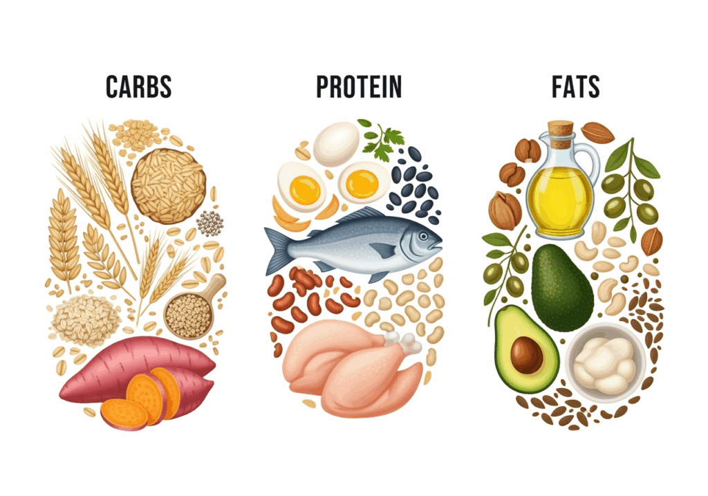 A balanced plate showing the three macronutrients - colorful complex carbohydrates, lean proteins, and healthy fats arranged harmoniously to represent optimal nutrition for energy