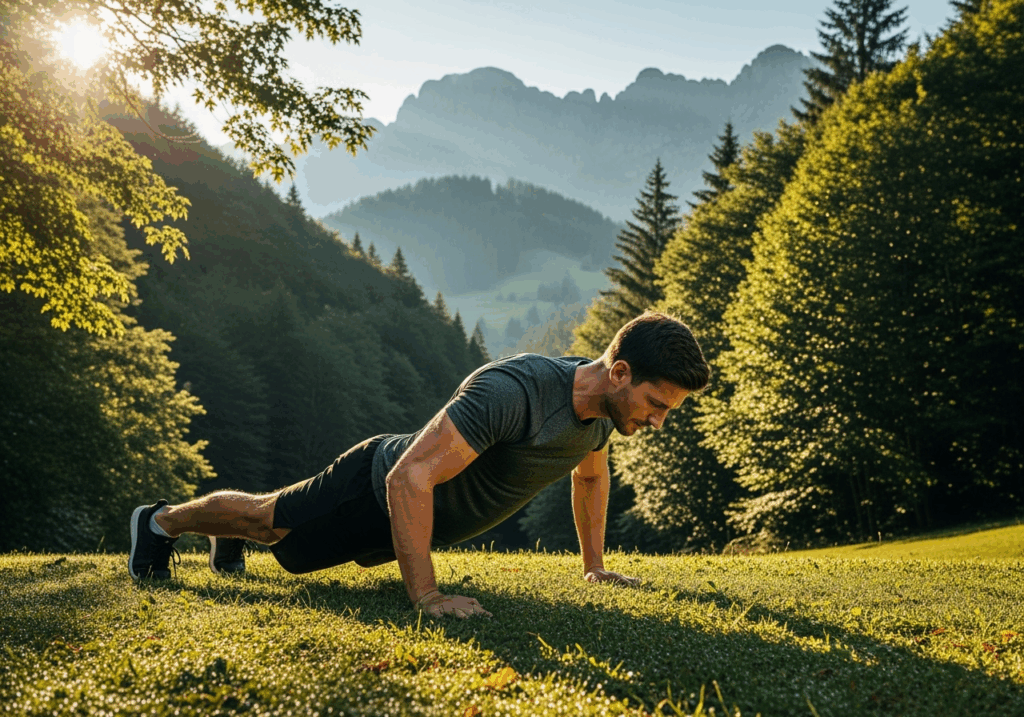 Fit man performing push-ups outdoors in natural mountain landscape with green trees and hills in background