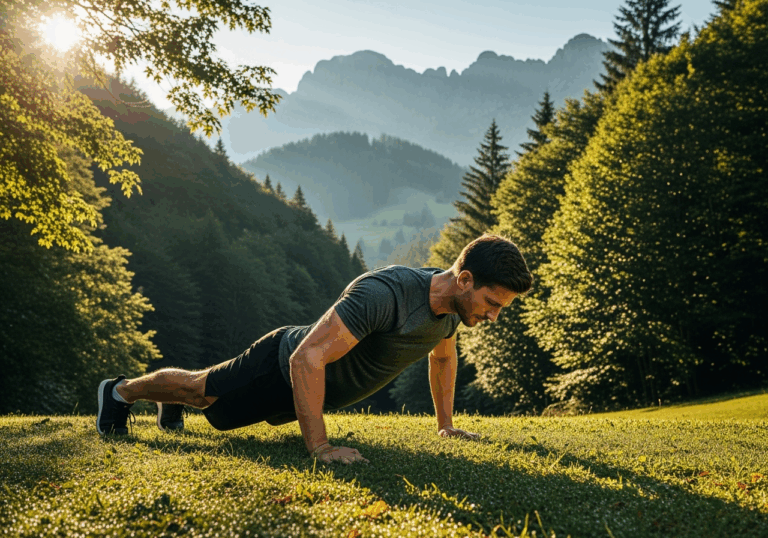 Fit man performing push-ups outdoors in natural mountain landscape with green trees and hills in background