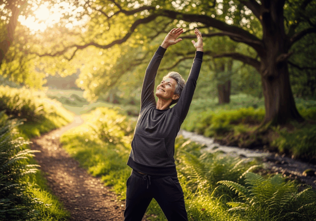 Energetic older adult exercising outdoors in natural setting, demonstrating lifelong fitness and vitality benefits