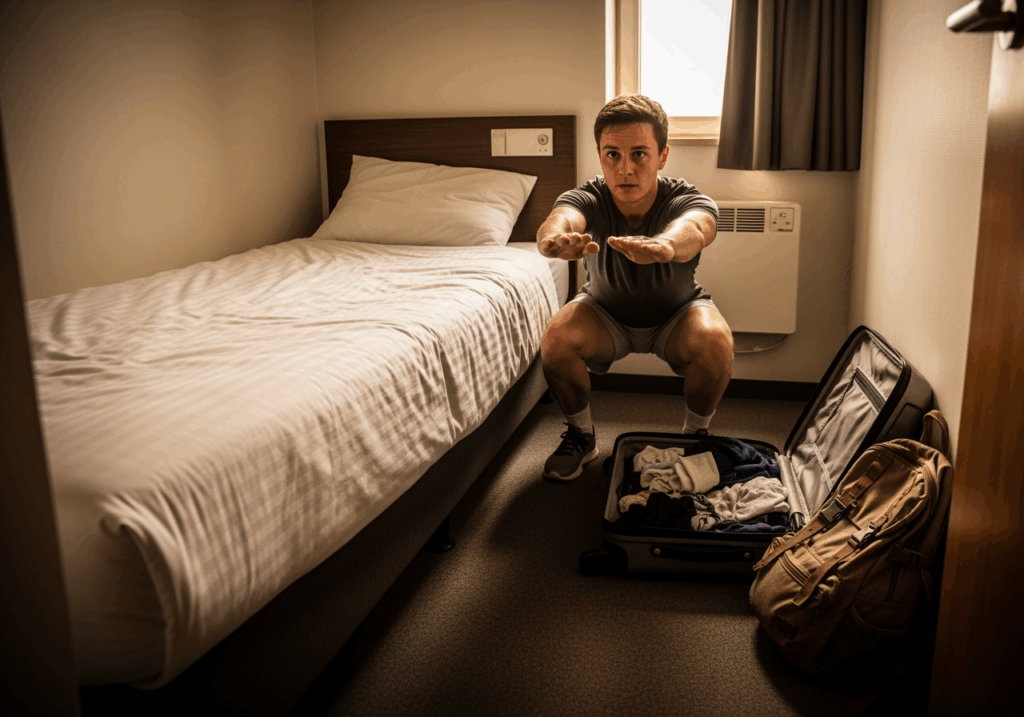 Person exercising in small confined space, demonstrating fitness accessibility in challenging environments