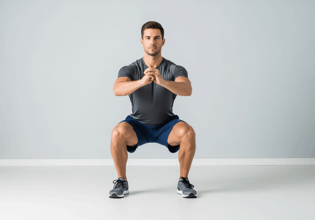 Person demonstrating proper squat exercise form with feet shoulder-width apart and sitting back position