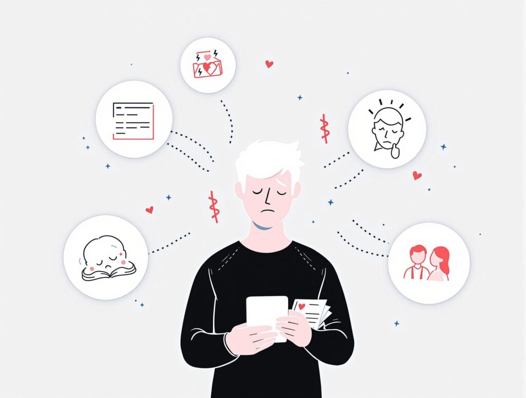 Person experiencing physical and mental health symptoms from financial stress with visual elements showing sleep problems, anxiety, and relationship strain