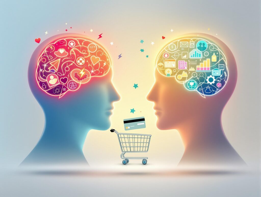 Split brain illustration showing rational thinking versus emotional impulses with shopping and financial decision-making elements