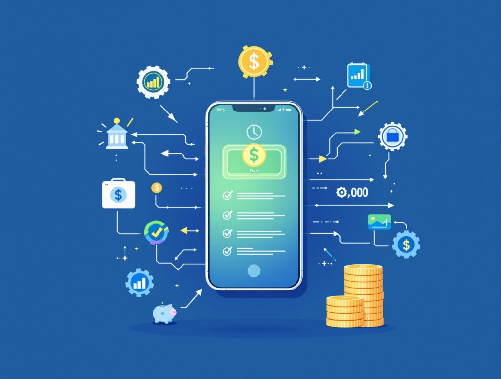Modern automated financial system with digital interfaces showing automatic savings, bill payments, and investments working seamlessly