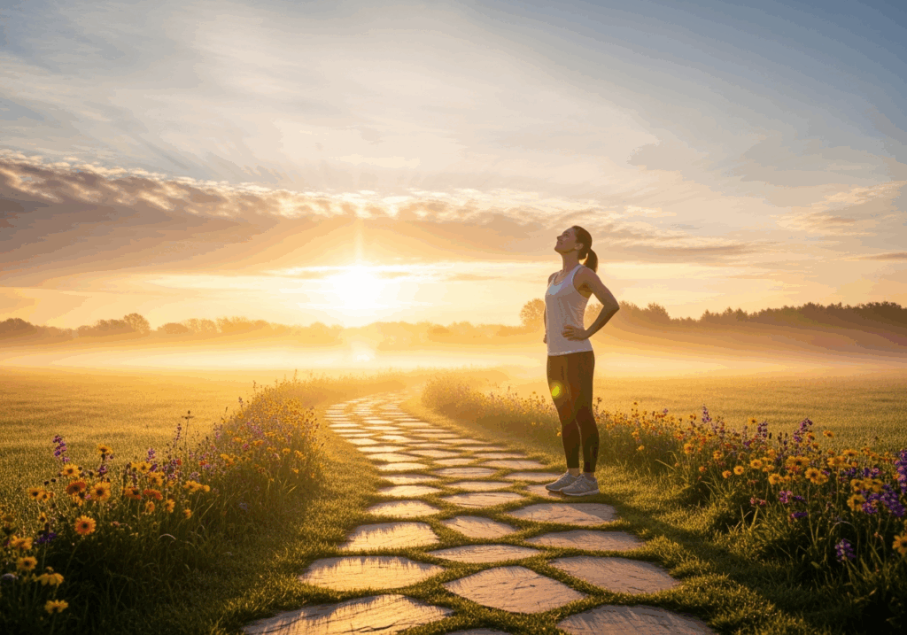 An inspiring sunrise or dawn scene with a path leading forward, symbolizing the beginning of a transformative journey toward better health and vitality through nutrition