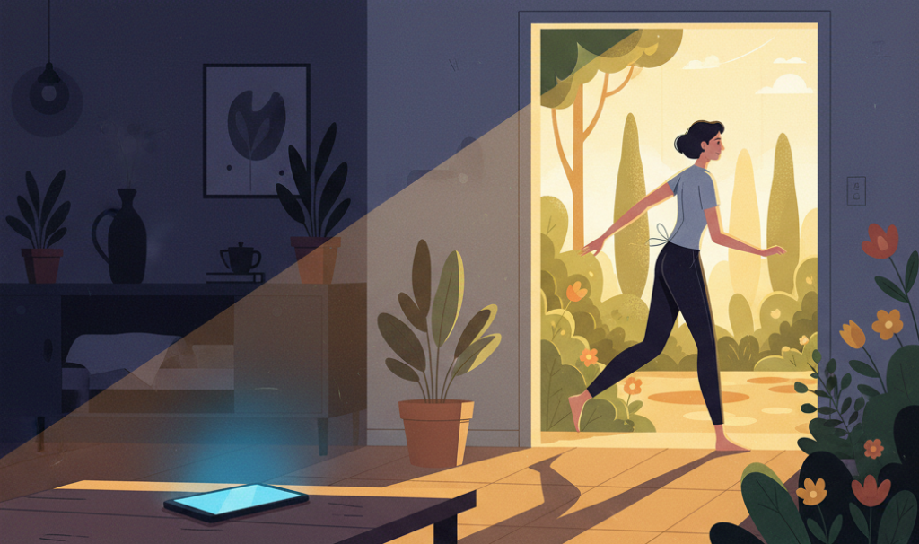 Person setting down their phone and stepping outside toward natural sunlight, leaving a glowing blue screen behind indoors, with greenery and warm light outside