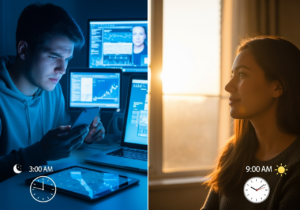 Split image showing contrast between harsh blue screen light and warm natural sunlight, illustrating the journey from digital overwhelm to natural energy cycles