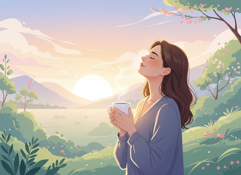 Person standing outdoors in the early morning, eyes closed, holding a coffee mug, bathed in soft golden sunrise light with greenery in the background