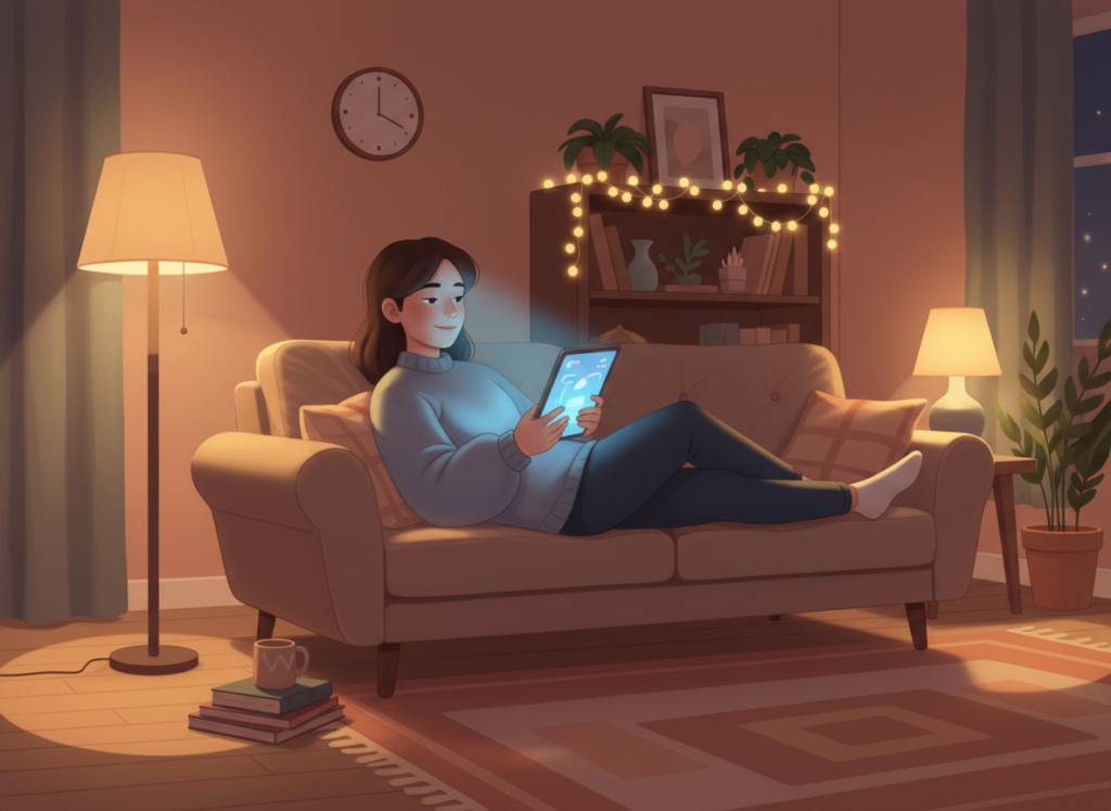 Cozy evening scene with a person’s face gently illuminated by blue screen light, surrounded by warm orange and yellow ambient lighting