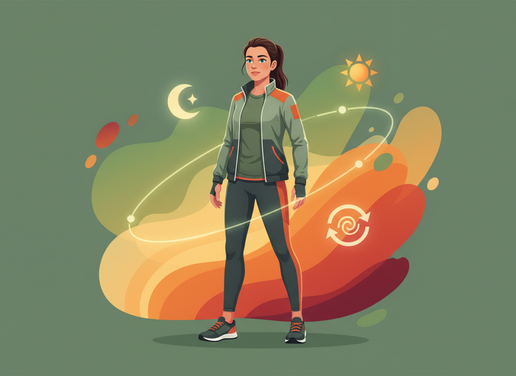 Fit and active person in sporty clothing, energetic posture, surrounded by sleep, sun, and energy cycle icons, with a colorful background of greens, oranges, and warm tones